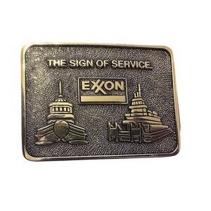 Vtg Belt Buckle EXXON Oil & Gas The Sign Of Service Brass 1970s USA Made 3.75"